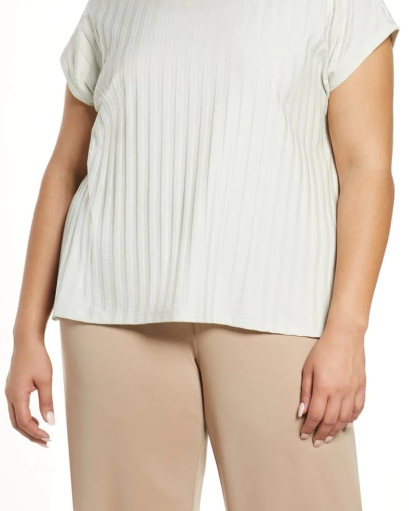 Front of a model wearing a size 3X Eileen Fisher Women's Plus Tonal Stripe Top White Size 3X in White by Eileen Fisher. | dia_product_style_image_id:311372